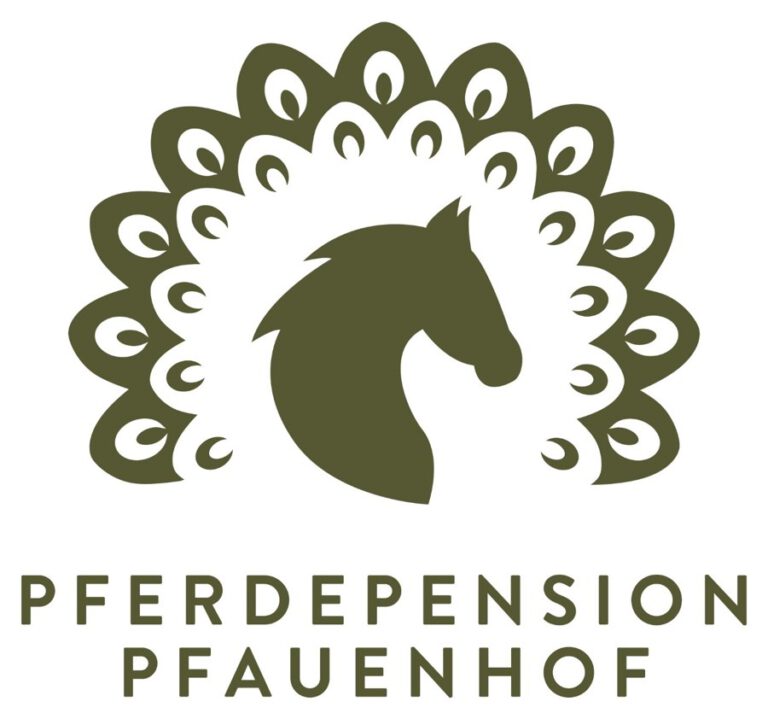 Logo der Pferdepension Pfauenhof: Pferdekopf vor einem Pfauenrad